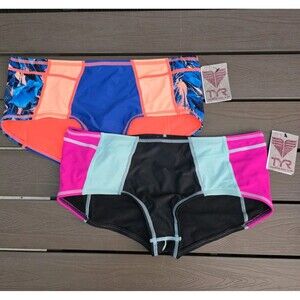 TYR Women's Colorblock Boy Shorts Swim Bottom Bundle Coral/blue/black sz L New